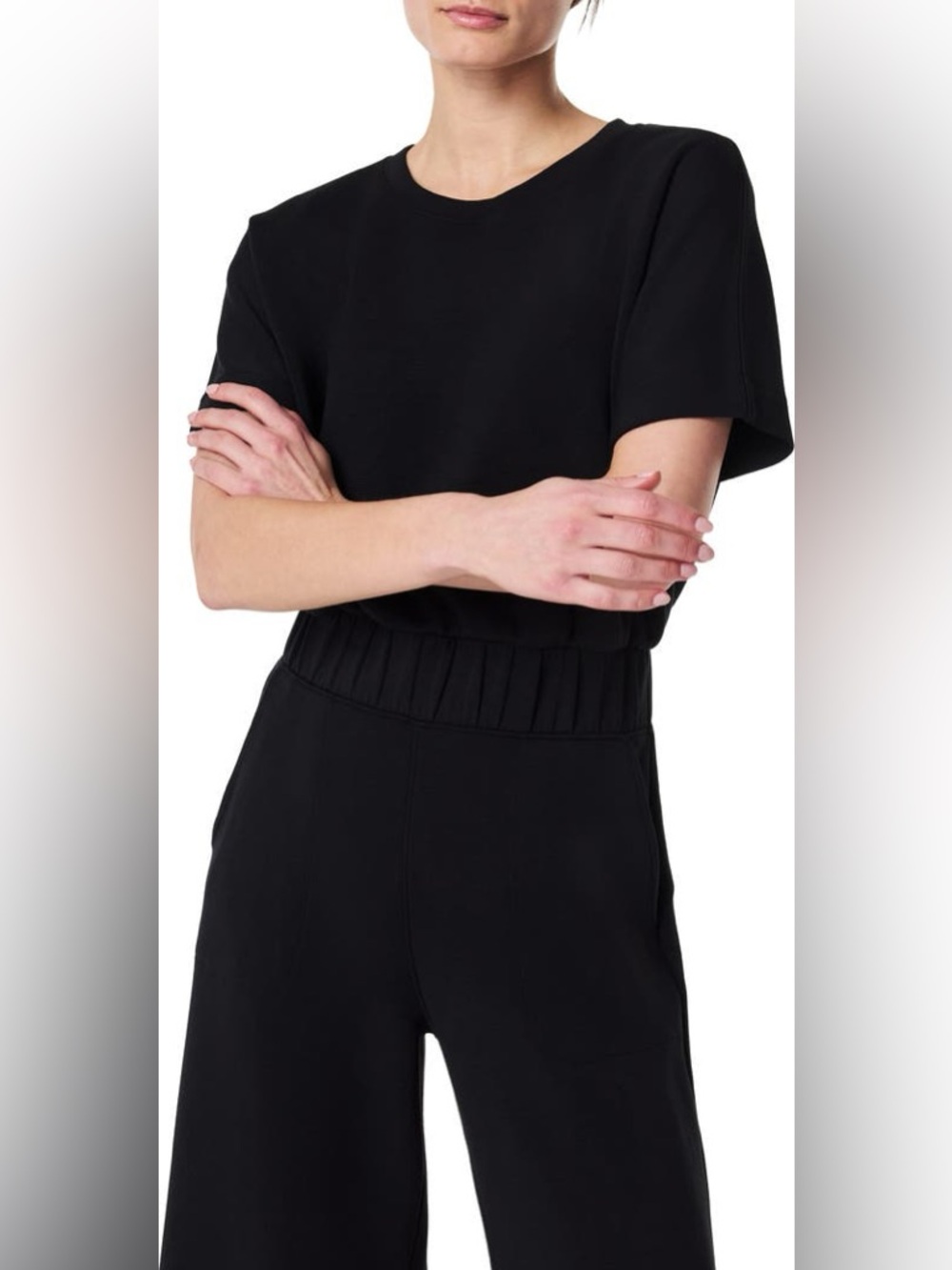 Women’s SPANX AirEssentials Short sleeve crop wide leg black jumpsuit- Sz Small - Picture 2 of 9